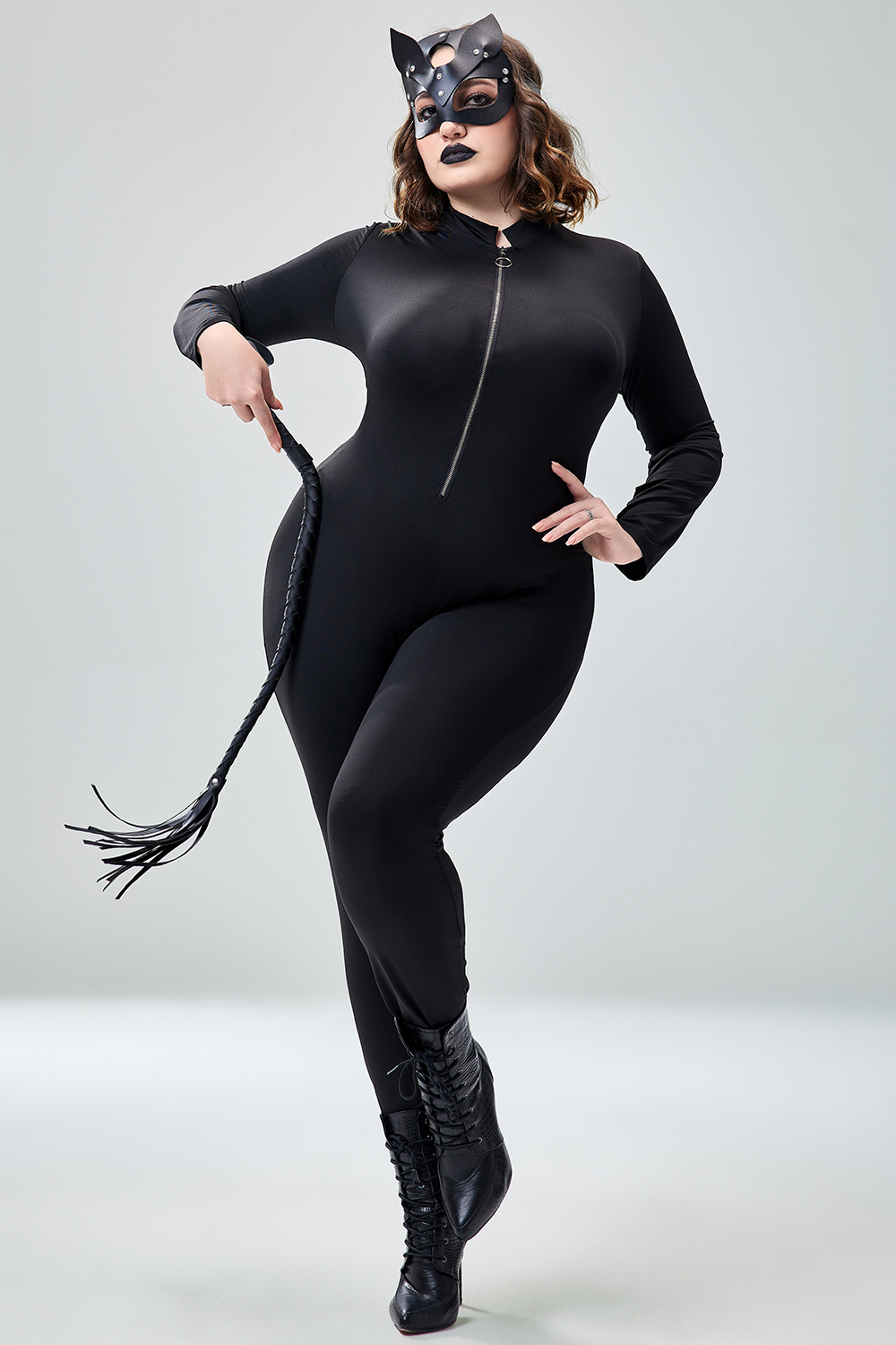 Xpluswear Design Plus Size Halloween Costume Gothic Black Zipper Long Sleeve Knitted Jumpsuit