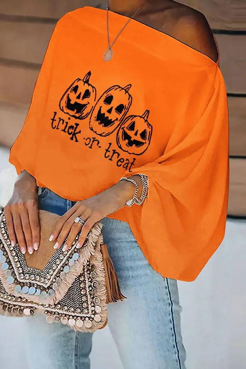 Xpluswear Plus Size Halloween Casual Burnt Orange Letter Pumpkin Print Off The Shoulder Long Sleeves Blouse