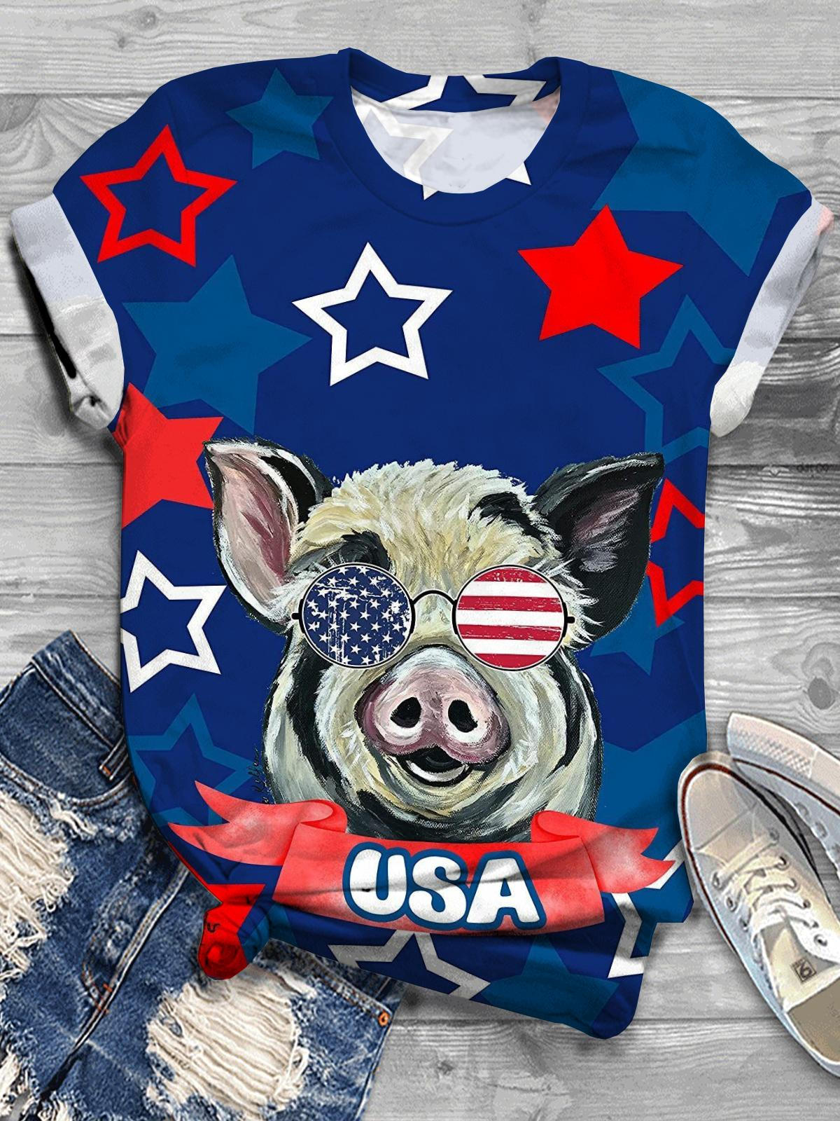 American Flag Pig Crew Neck T-shirt