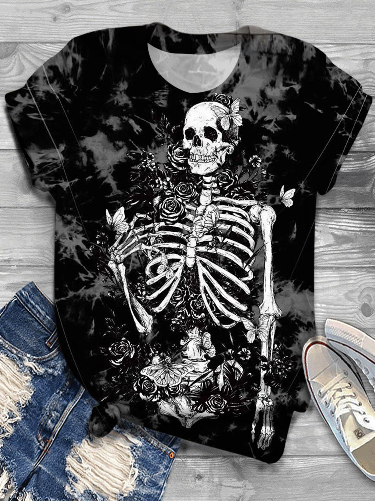 Women's Round Neck Floral Skull Print T-Shirt