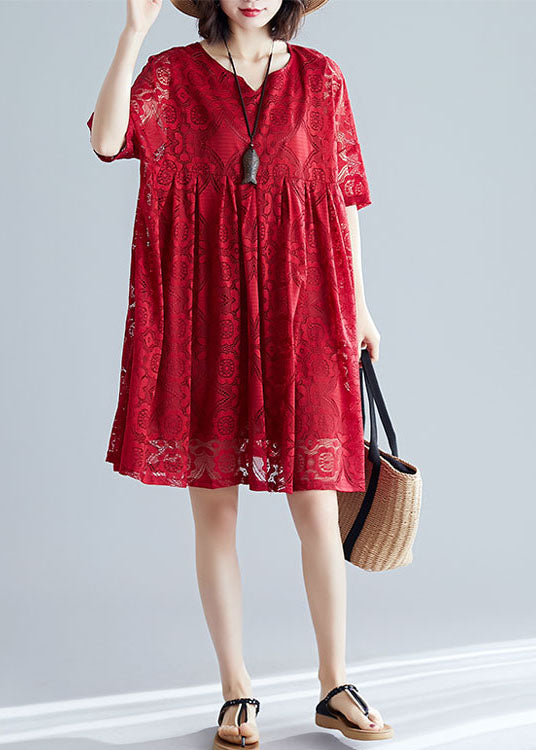 2022 Black V Neck Wrinkled Exra Large Hem Lace A Line Dress Short Sleeve