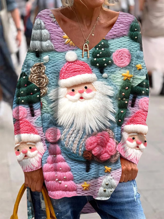 Women's Pink Santa Claus French Cashmere V-Neck Top