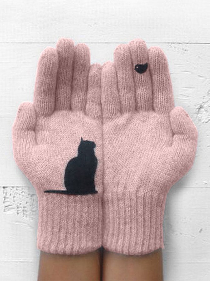 Women's cold-proof warm cat print knitted gloves