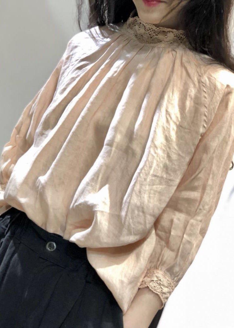 French lace collar linen clothes Neckline light pink top fall