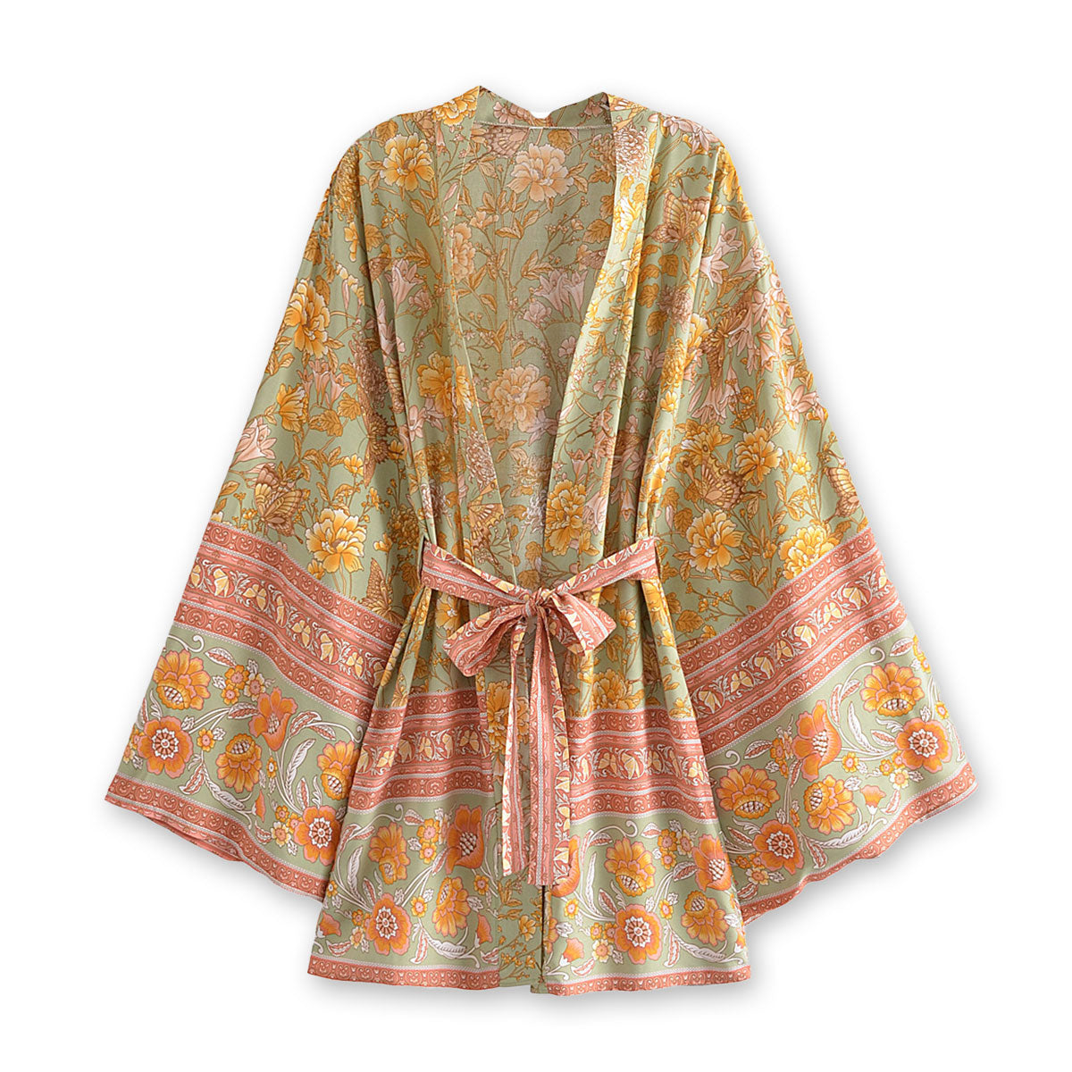 Mystic Green Butterfly Boho Floral Print Short Robe