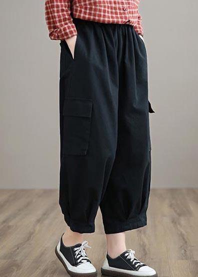 100% Spring Trousers Women's Black Pattern Elastic Waist Pockets Wild Pants