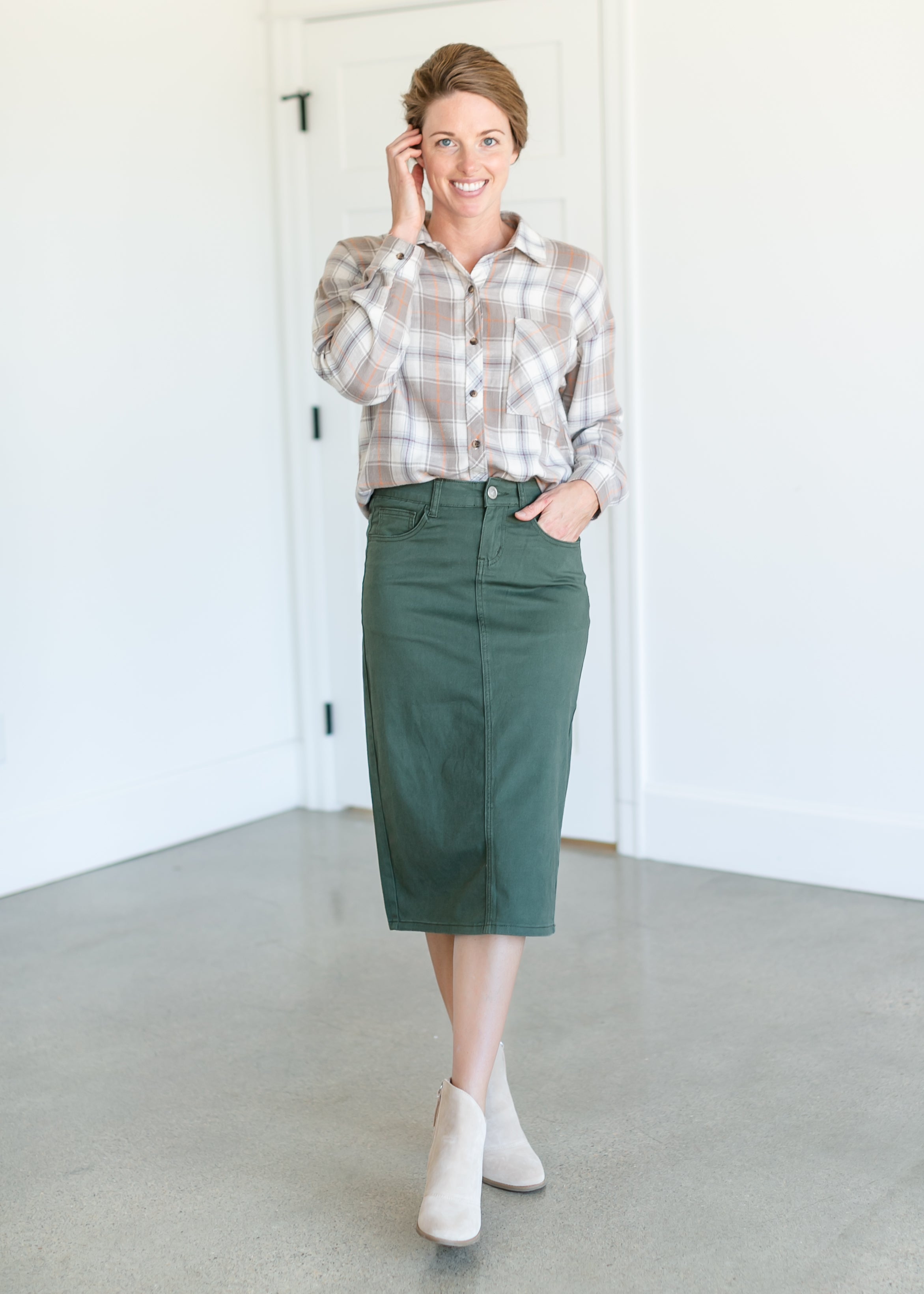 Remi Olive Branch Denim Midi Skirt