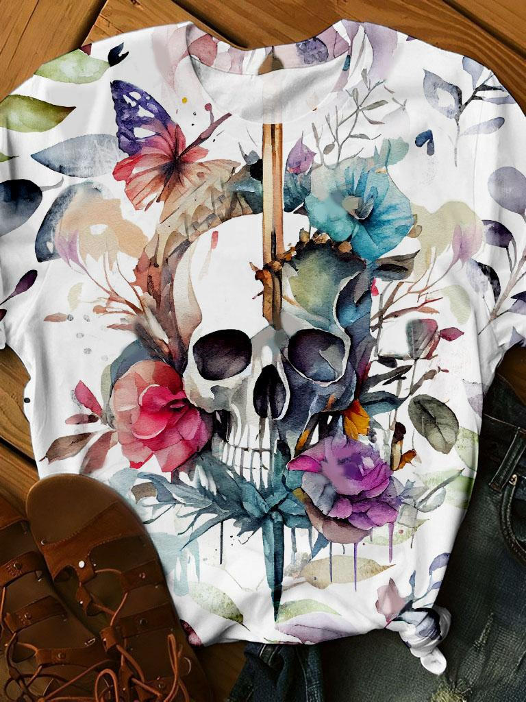 Butterfly Skull Print Round Neck Short Sleeve T-Shirt