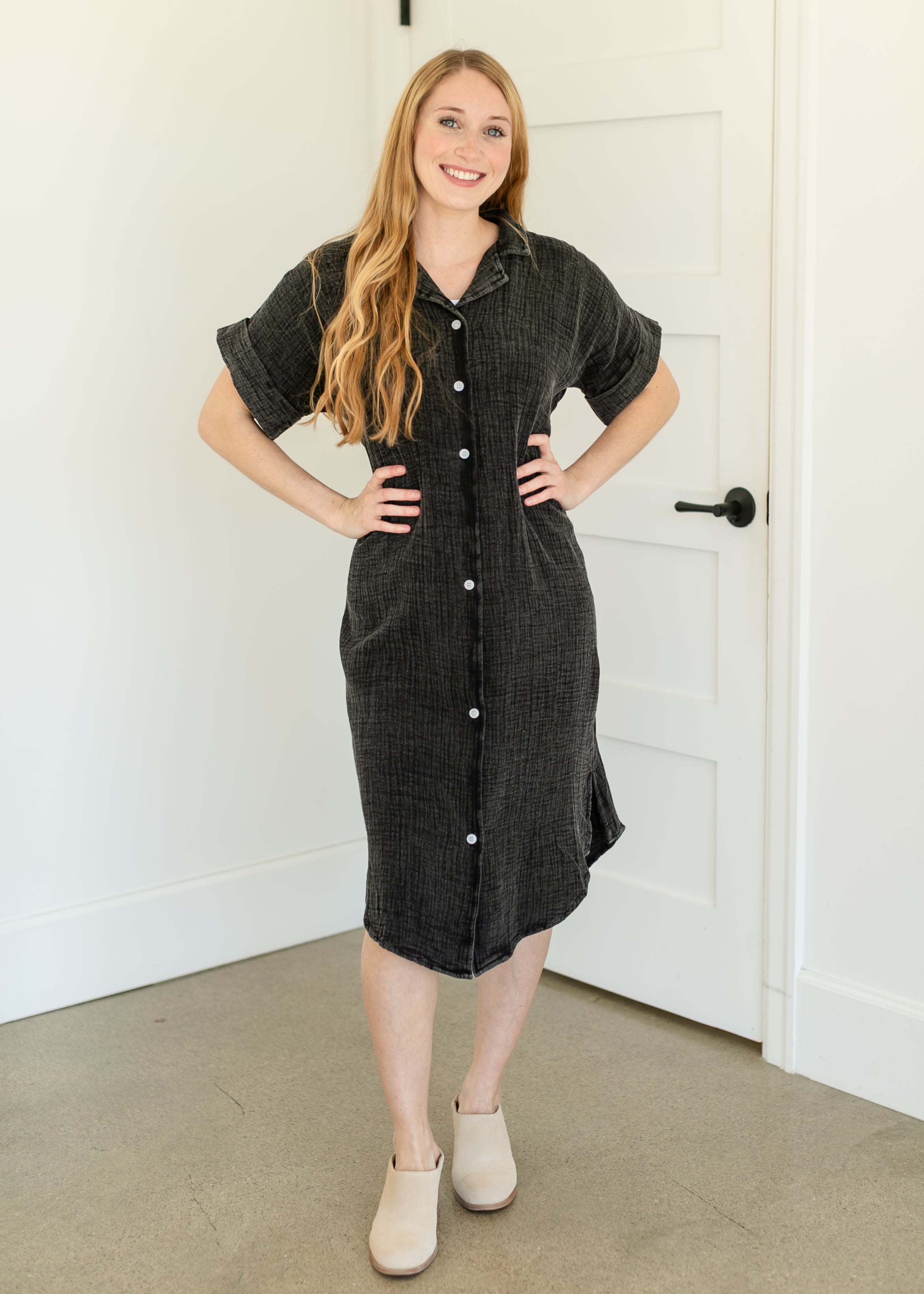 Washed Button Down Midi Dress