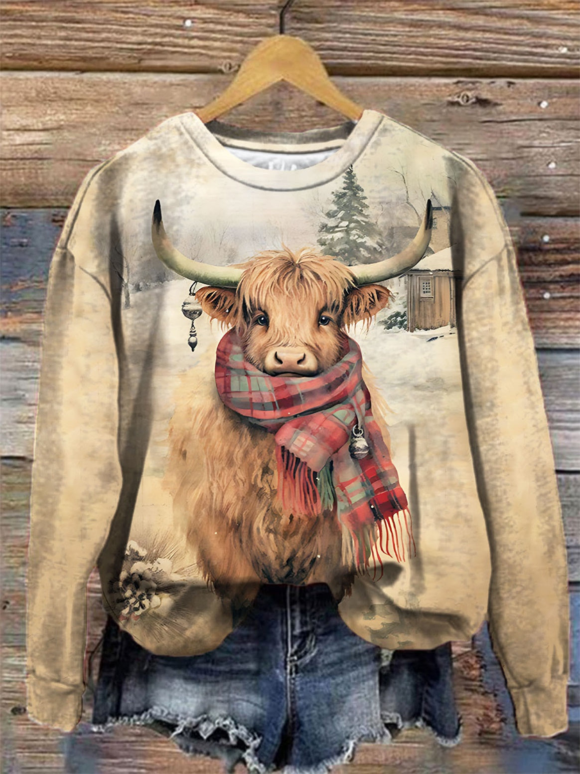 Highland Cow Christmas Print Round Neck Long Sleeve Top