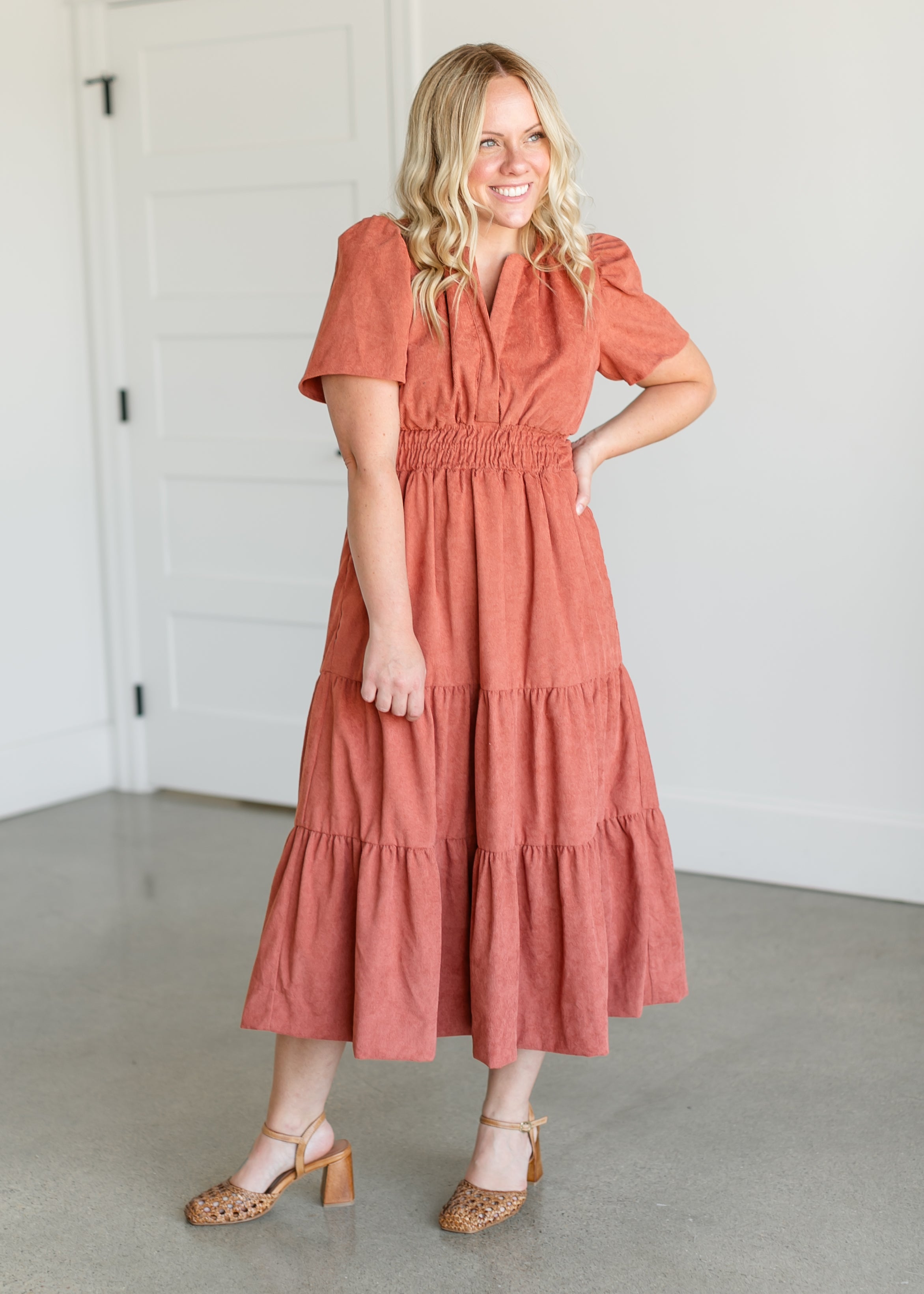 Corduroy Short Sleeve Tiered Midi Dress