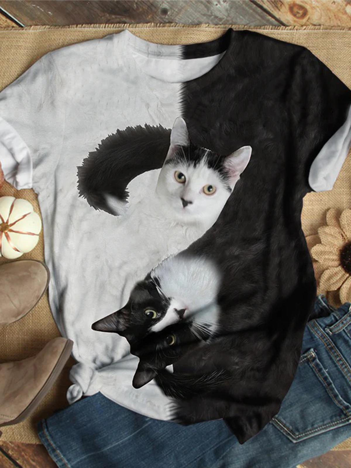 Black And White Cat Crew Neck T-shirt