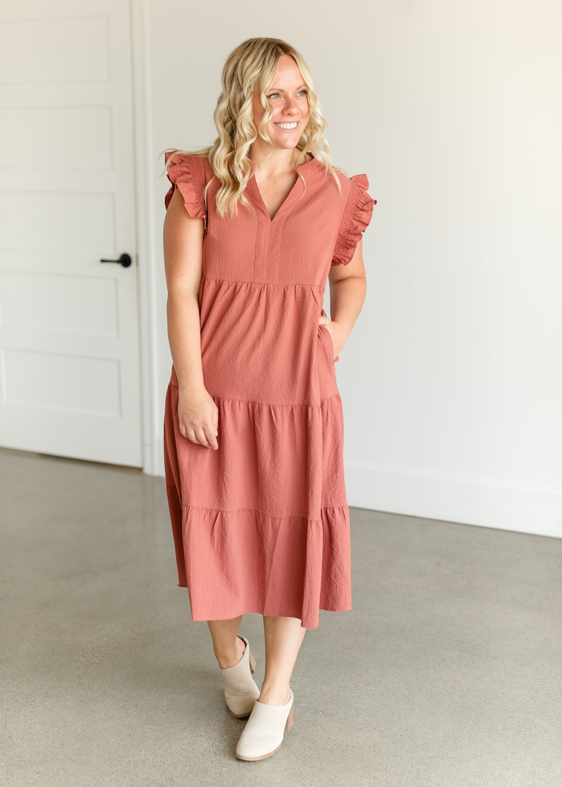 Textured V-neck Ruffle Sleeve Midi Dress - FINAL SALE